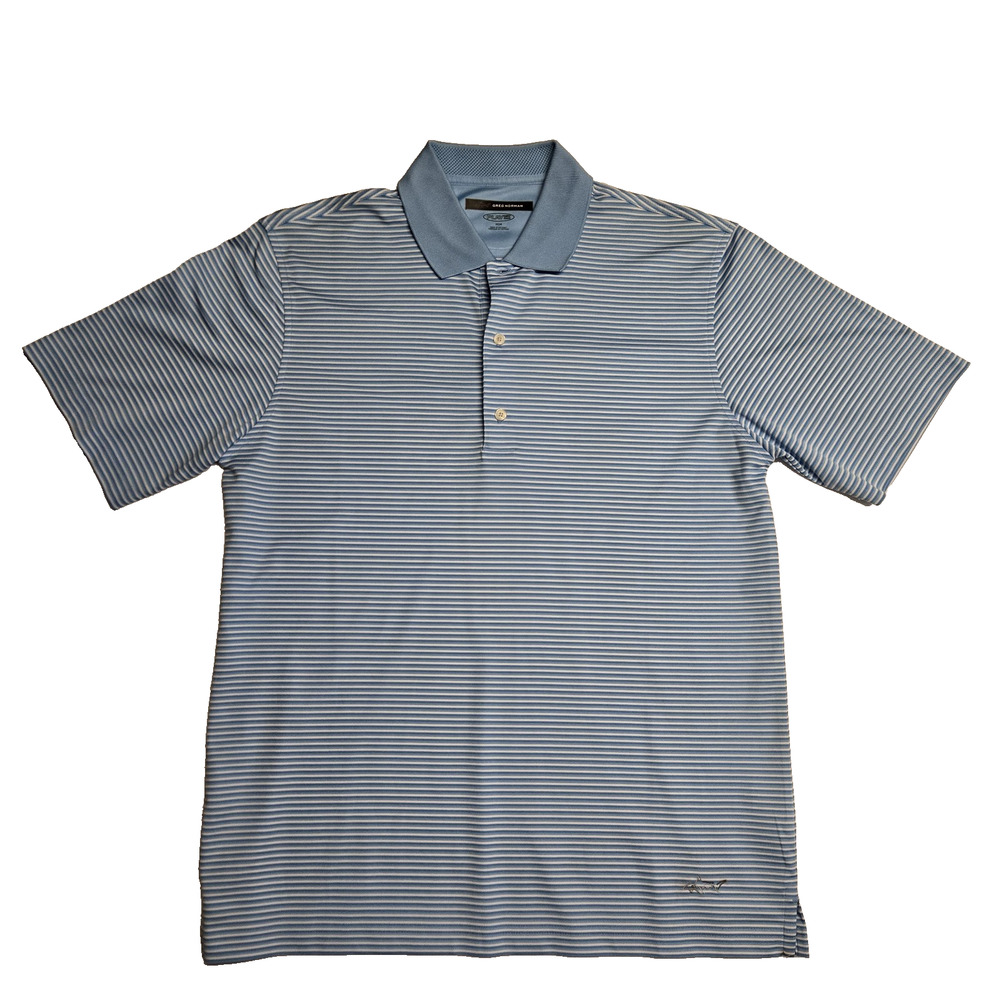 Greg Norman Shirt Mens Striped Short Sleeve Polo Shark Logo Golf Blue Medium